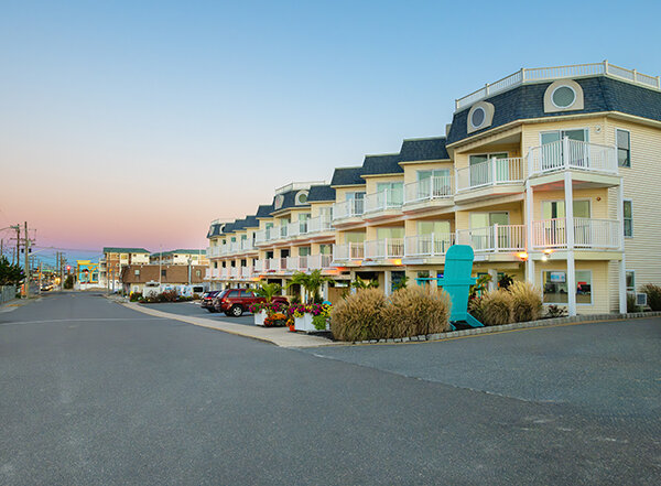 front exterior of long beach island hotel at sunrise
