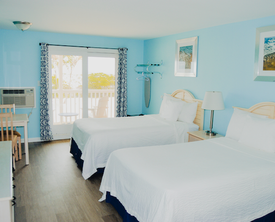 Double bed LBI hotel room with balcony, Long Beach Island accommodations | Drifting Sands LBI